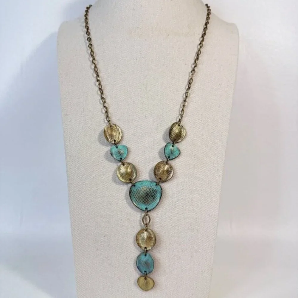 Y-Drop Metal Necklace Gold-Tone Chain Turquoise Blue Adjustable